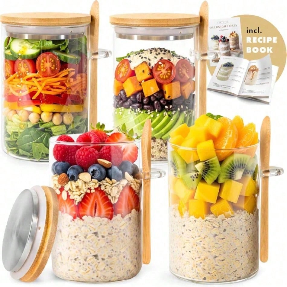 Meal Prep Oatmeal Jars - 4 PCS Overnight Oats Containers With