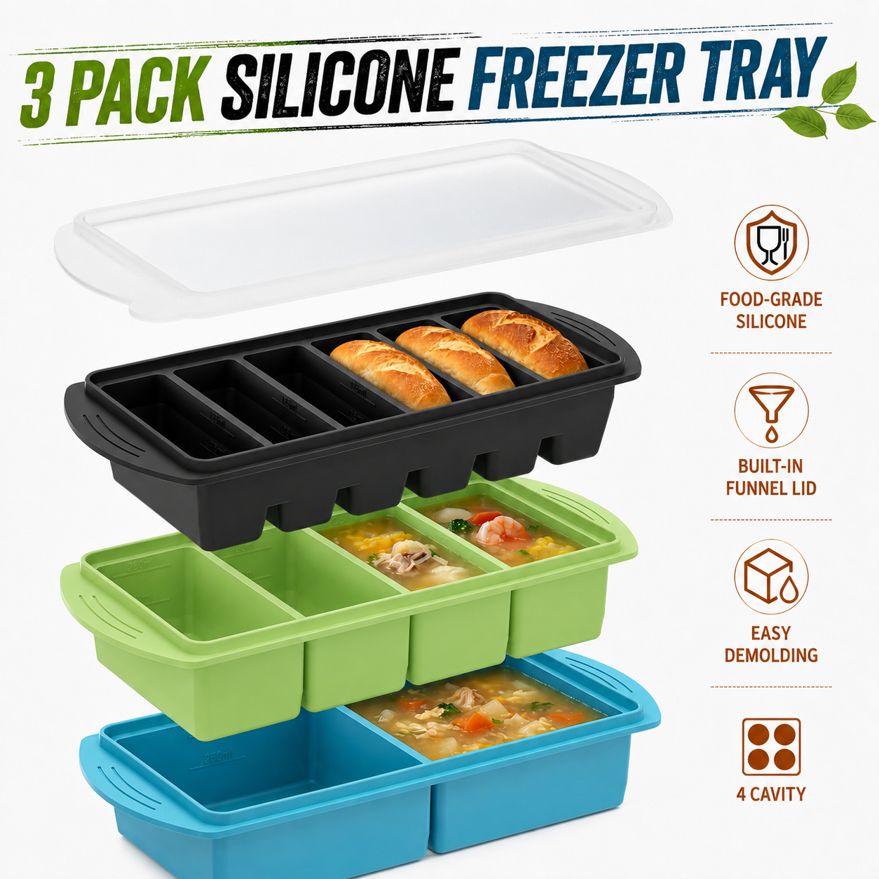 3 Pack Silicone Freezer Trays  - đánh giá và giá Meal Prep Chia Pudding