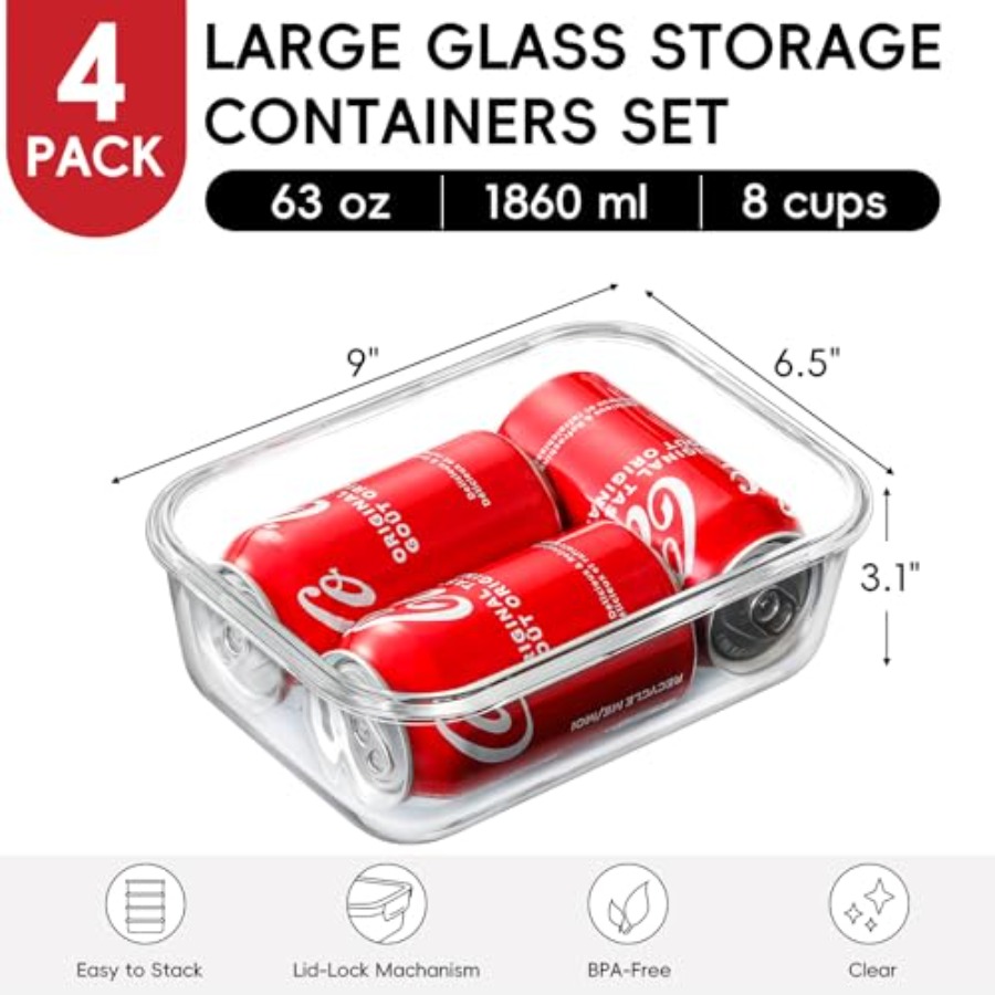 4 Pack 8 Cups/ 63oz Large Glas - đánh giá và giá Meal Prep Food